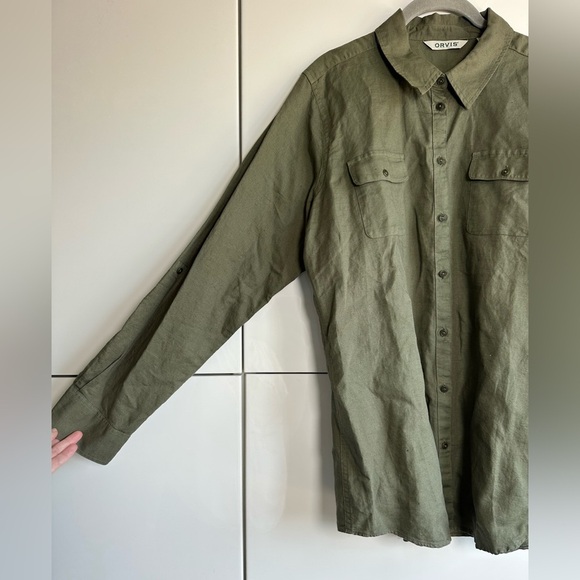 Orvis Long Sleeve Camp Shirt Blouse Army Green Linen Cotton Women Large L - Picture 2 of 7